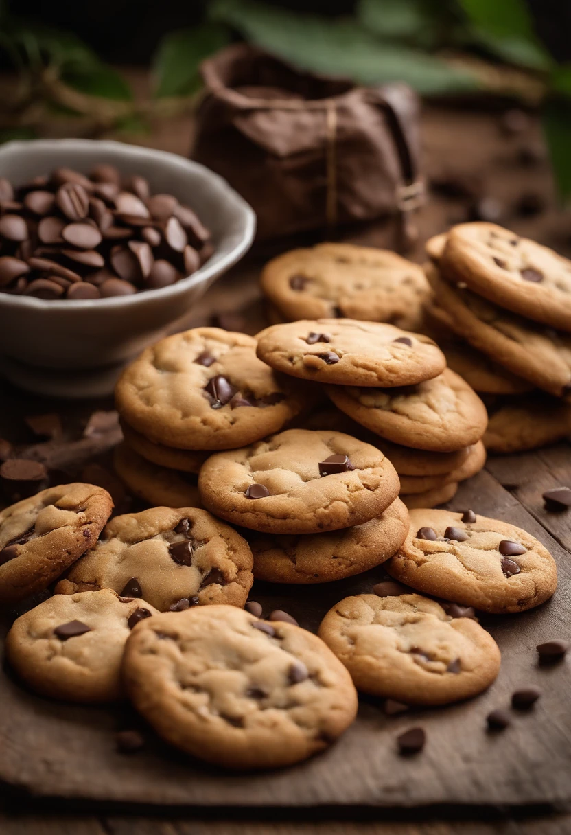 Cookies,(biscoito cookie)(chocolate, cookie(gordo), cookie arredondado), cenario(on rustic wood, no alto de uma montanha (ao fundo um vale e montanhas), realista, 4k, Photo by the best photographer in the world, melhor qualidade, grade, realismo absoluto, cookies, biscoito cookie, gotas de chocolate, alto da montanha, neve.