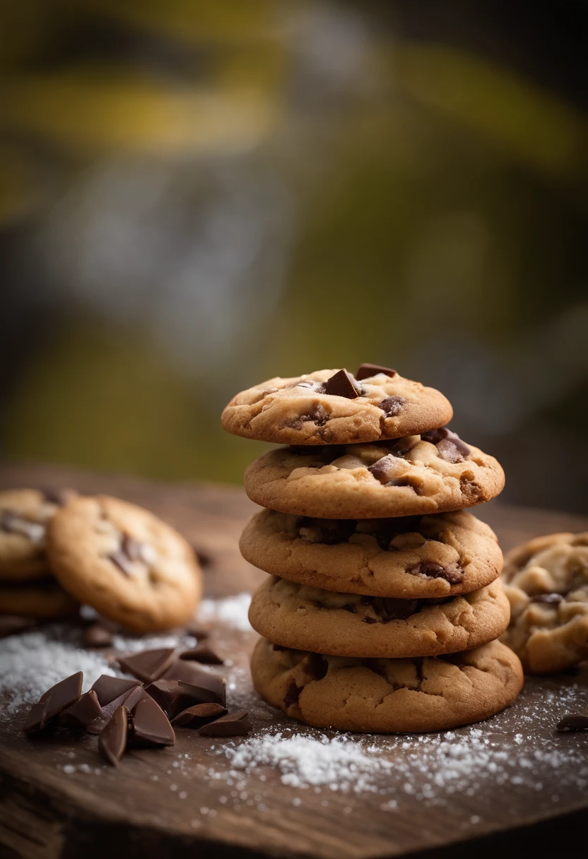 Cookies,(biscoito cookie)(chocolate, cookie(gordo), cookie arredondado), cenario(on rustic wood, no alto de uma montanha (ao fundo um vale e montanhas), realista, 4k, Photo by the best photographer in the world, melhor qualidade, grade, realismo absoluto, cookies, biscoito cookie, gotas de chocolate, alto da montanha, neve.