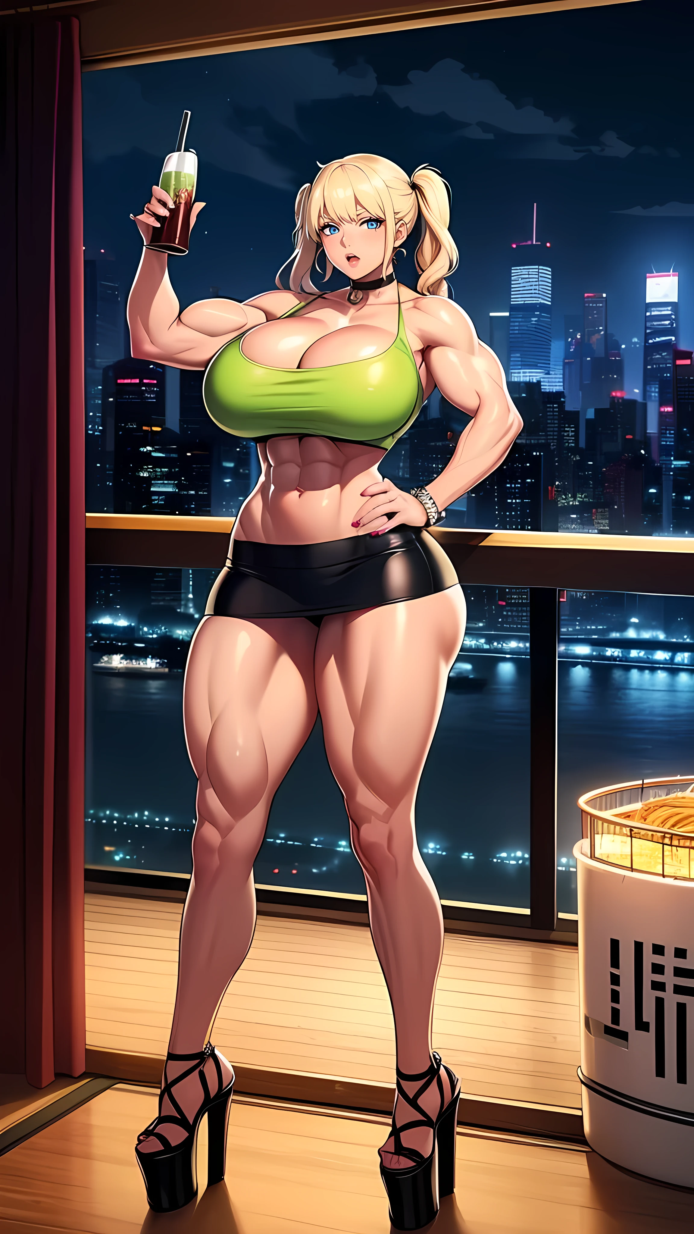 (((massive female bodybuilder:1.2))), full body, NSFW:1.2
1girl, ((())),(hoop earrings, puffys, painted lips, thick lips) ((platform heels))
blonde hair, (short twintails) (wide hips:1.2), ((Long Legs:1.2)), thick thighs, (((huge breasts))e muscular ass)
(full skirnavel, tube top, o-ring top,
Nightlife, Night city, Cyberpunk city, futuristic cityscape. Neon lights, (skyscraper), Tokyo tower, palm tree, cloth sign, ramen stall, night club. bright city lights, exotic car. alcohol, bar, ramen, soup stall ,alcohol bottles, ((crowded background)), ((Paparazzi)), detailed sky, cloudy sky