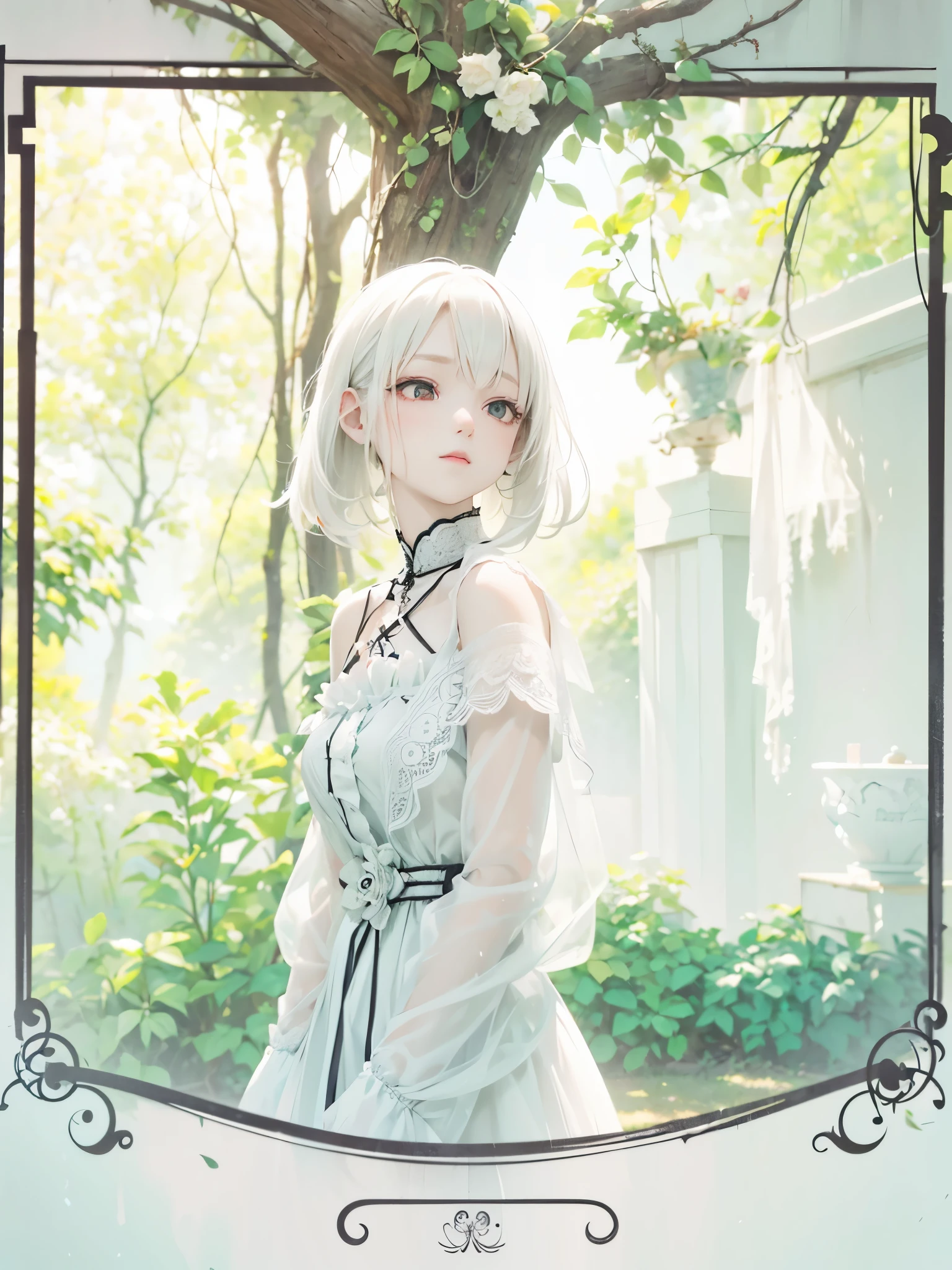 The image of an albino girl with a mysterious aura, A teahouse in an abandoned garden . She has been a long time, Colorless white hair and jet black eyes, She is wearing a jet black neo-Victorian dress with intricate layering of fabric.。, Delicate lace work, Black cross accessory. In the background is a lush garden, Bathed in sunlight filtering through the trees, Creates a deep and eerie yet peaceful atmosphere.