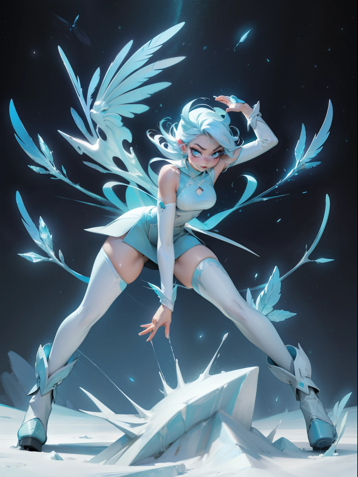 (high-res, vivid colors), blue bird alien, detailed feathers, sparkling eyes, alien landscape, vibrant colors, surreal atmosphere, glowing lights, otherworldly features, intricate patterns, dreamlike scenery, Arctic Frost Ranger: A suit featuring icy blue and frosty white hues, accented with snowflake patterns and frost crystals. This Ranger commands the power of ice and cold, with abilities such as creating blizzards, forming ice constructs for defense, and freezing enemies in their tracks.