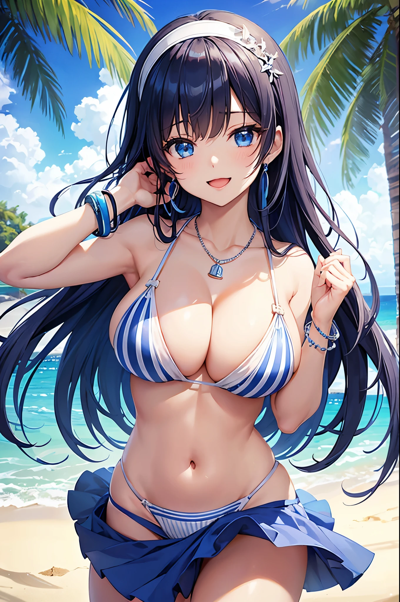 highest quality、highest quality、masterpiece、beautiful girl、Navy blue long hair、blue eyes、Sexy White Bikini(Dark stripes)、Big cleavage、(Big Breasts)、smile、blue necklace、Blue Earrings、background(Beach)、Please open your mouth wide、White headband、bracelet、Dynamic pose