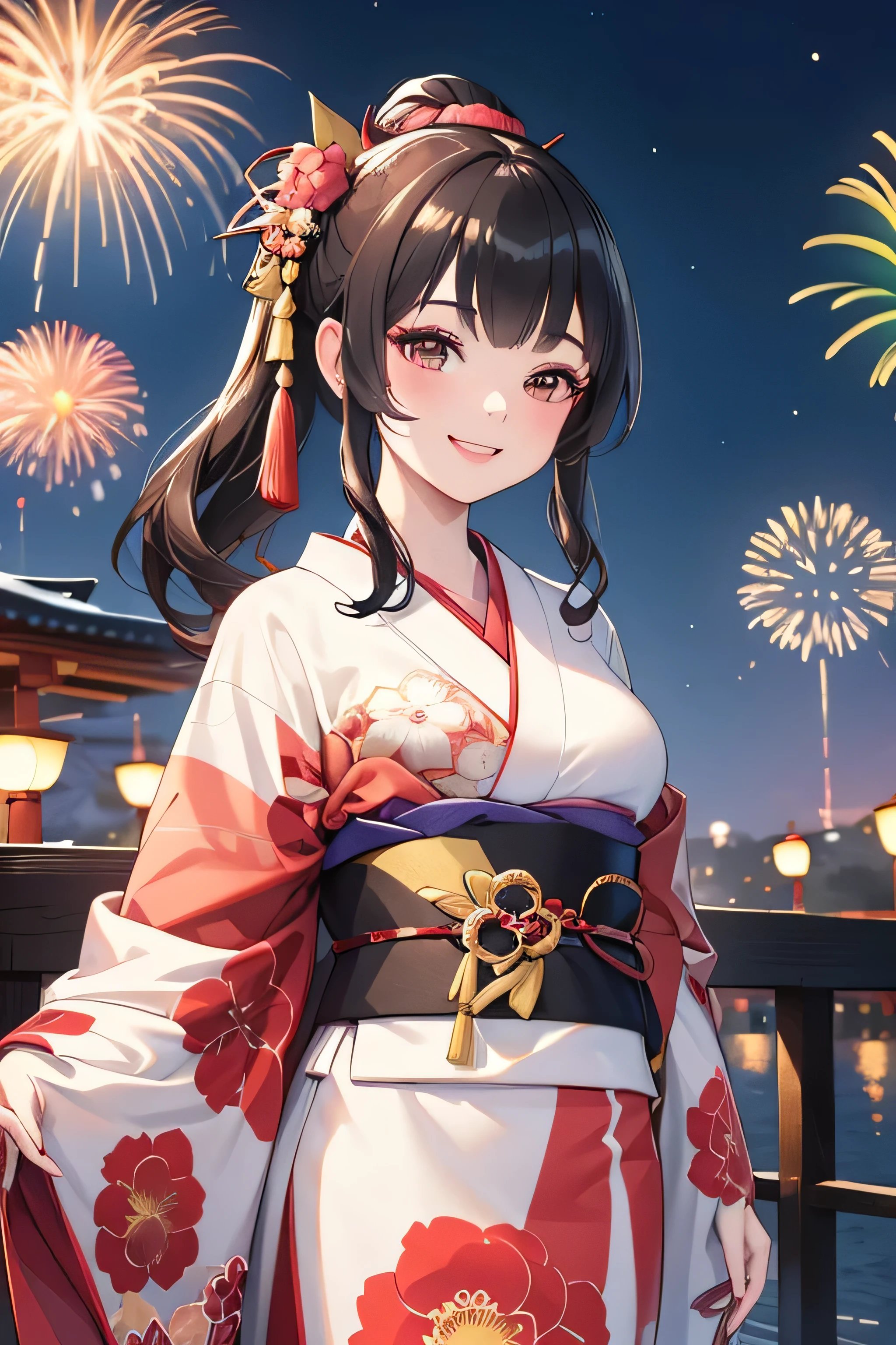 highest quality, masterpiece, High resolution, Very detailed, Accurate and perfect anatomy, 18-year-old girl, Kimono with camellia pattern,Smiling, firework, Japanese festivals, night,