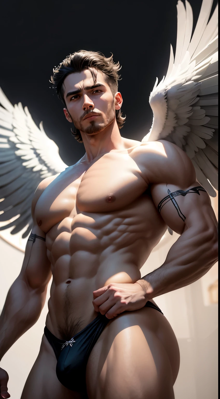 um anjo masculino, com raios de luz envolvendo seu corpo, its black and white feathered wings are spread, um de ouro (areola:1.2) over his head, holding a scale in your hands, muscular, masculine, escuro, Horror, Obra de arte, melhor qualidade, detalhes intrincados, Absurdo, temor, Chromatic aberration, profundidade de campo, macio lighting, tom mapeado, altamente detalhado, arte conceitual, macio, sharp focus, dramatic lighting, altamente detalhado art, cinematic, 8K, Amazing shadows (tiro plano) altamente detalhado background: 1.0) 