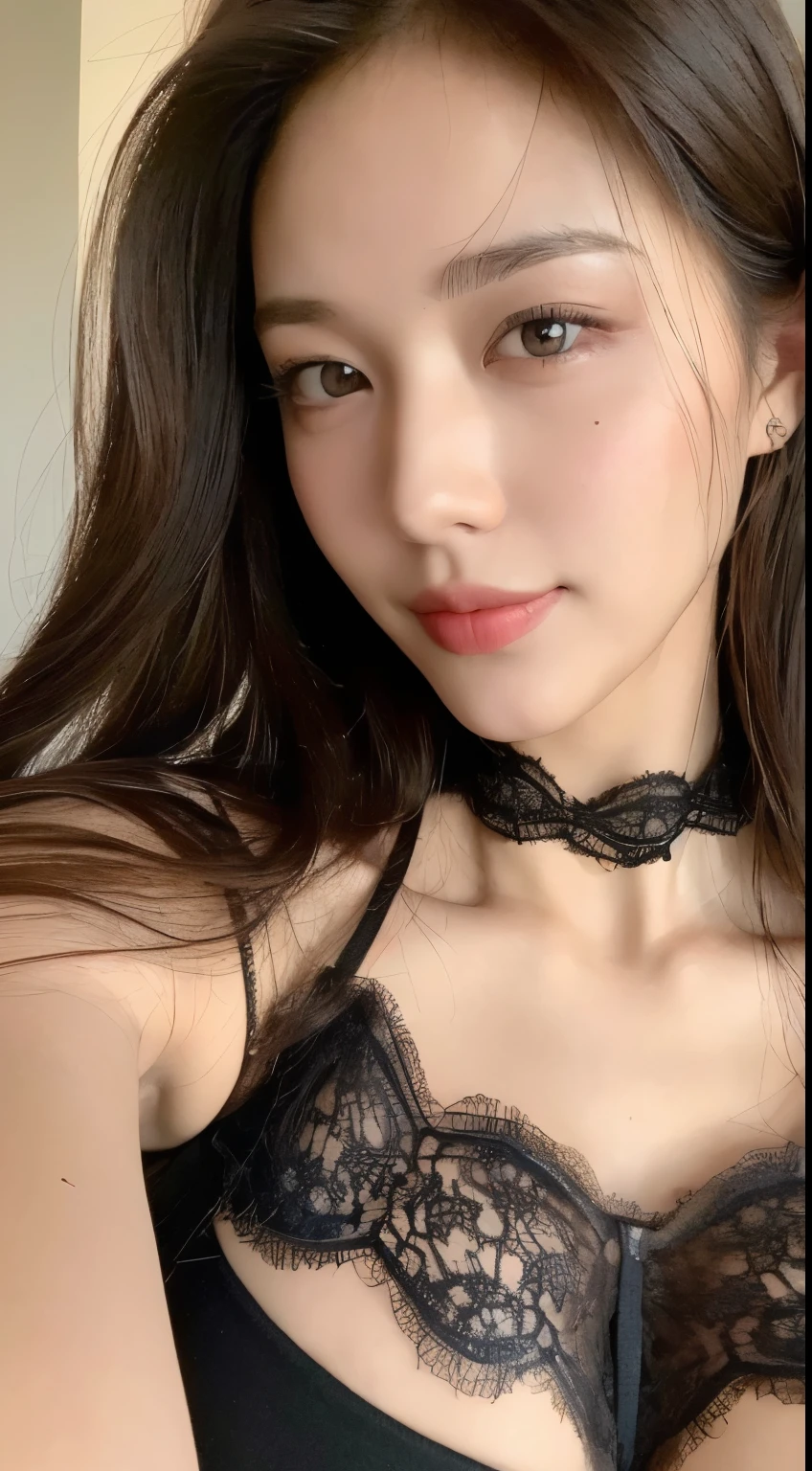 ((highest quality, 8k, masterpiece: 1.3)), One Girl, The beauty of slim abs: 1.3, (Long Hair、casual, Big Breasts: 1.2), wearing black Halter neck lace teddy with peek-a-boo cups, Super Fine Face, Delicate eyes, double eyelid, smile, Home, NSFW