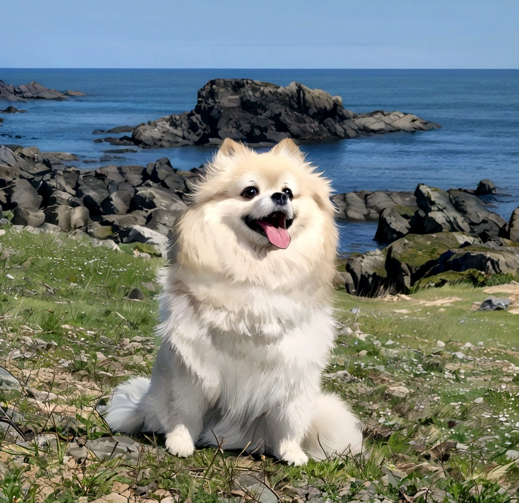 A fifty-year-old dog sitting on the grass with rocks in the background, Pomeranian, Japanese Dog, Hall々Take a pose, Pomeranian mix, fluffy, sitting cutely on a mountain, enjoying the wind, Sitting on a rock, In a beautiful background, shikamimi, Shot on Sony Alpha 9, Tsunami behind, Small dogs, Striking a passionate and majestic pose,Anime Drawing