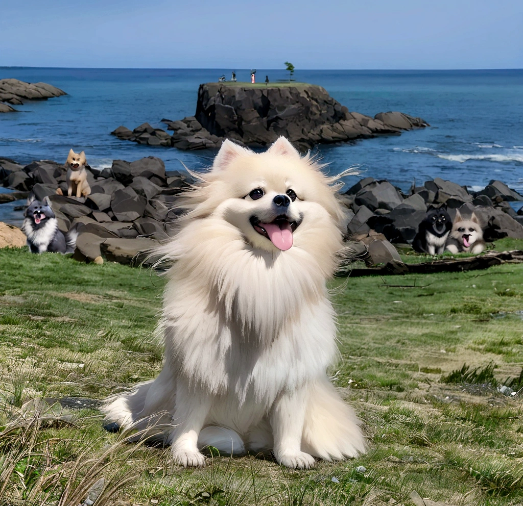 A fifty-year-old dog sitting on the grass with rocks in the background, Pomeranian, Japanese Dog, Hall々Take a pose, Pomeranian mix, fluffy, sitting cutely on a mountain, enjoying the wind, Sitting on a rock, In a beautiful background, shikamimi, Shot on Sony Alpha 9, Tsunami behind, Small dogs, Striking a passionate and majestic pose,Anime Drawing