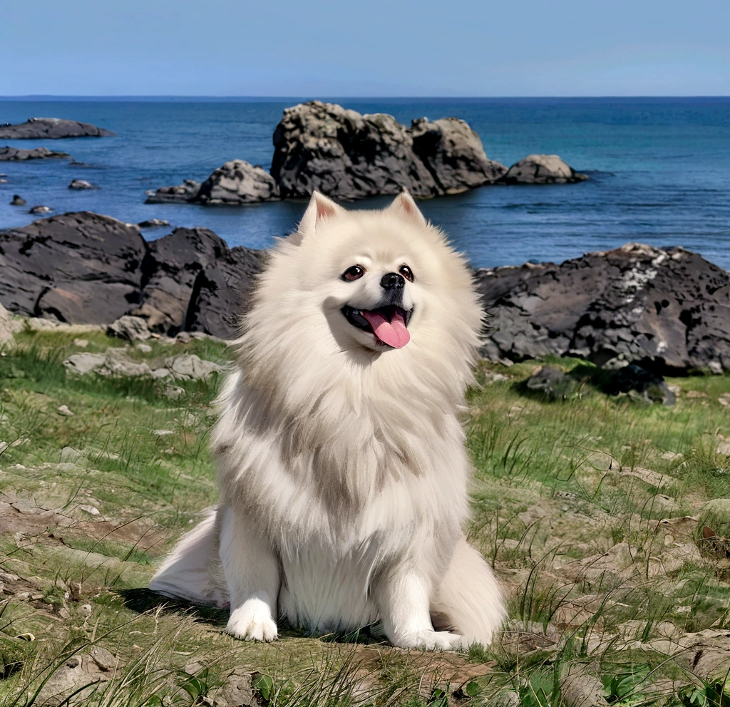 A fifty-year-old dog sitting on the grass with rocks in the background, Pomeranian, Japanese Dog, Hall々Take a pose, Pomeranian mix, fluffy, sitting cutely on a mountain, enjoying the wind, Sitting on a rock, In a beautiful background, shikamimi, Shot on Sony Alpha 9, Tsunami behind, Small dogs, Striking a passionate and majestic pose,Anime Drawing