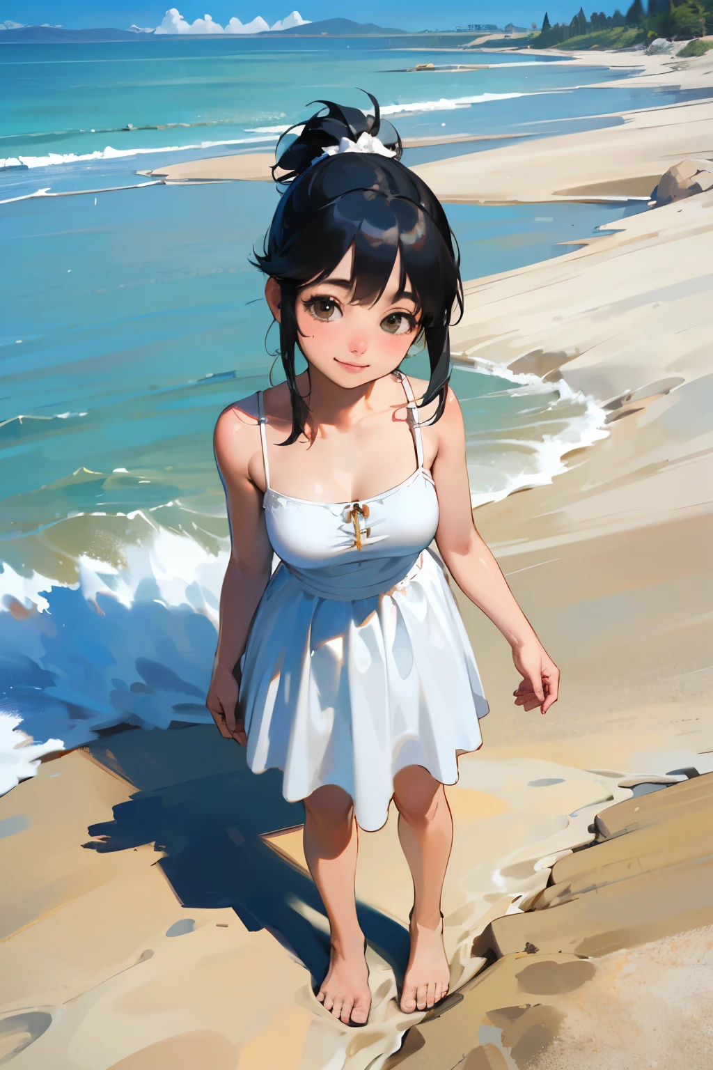 (high quality, High resolution, Very detailed, reality:1.37), Peaceful atmosphere, (Sandy Beach),  girl standing alone, (my breasts are big.), Beautiful details, Cute Smile, (Black hair ponytail), White camisole dress, barefoot.