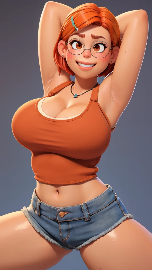 (shiny skin), body focus, (navel visible), (((hips visible))), illustration, ((very oversized tank top)), , Beautiful body, Beautiful character design, ,perfect lighting, Colorful, Bright_Front_face_Lighting, (vibrant_color:1.2), (Beautiful, large breasts:1.4), full body view, dolphin shorts, adult, adult,
Reddish-orange hair, red hairclip, circular glasses, (brown eyes:1.2), tank top, smile (chubby:1), extremely short shorts, of small stature, glistening sweat, cleavage, ((Raise your arms behind your head)), ((spread legs)),
