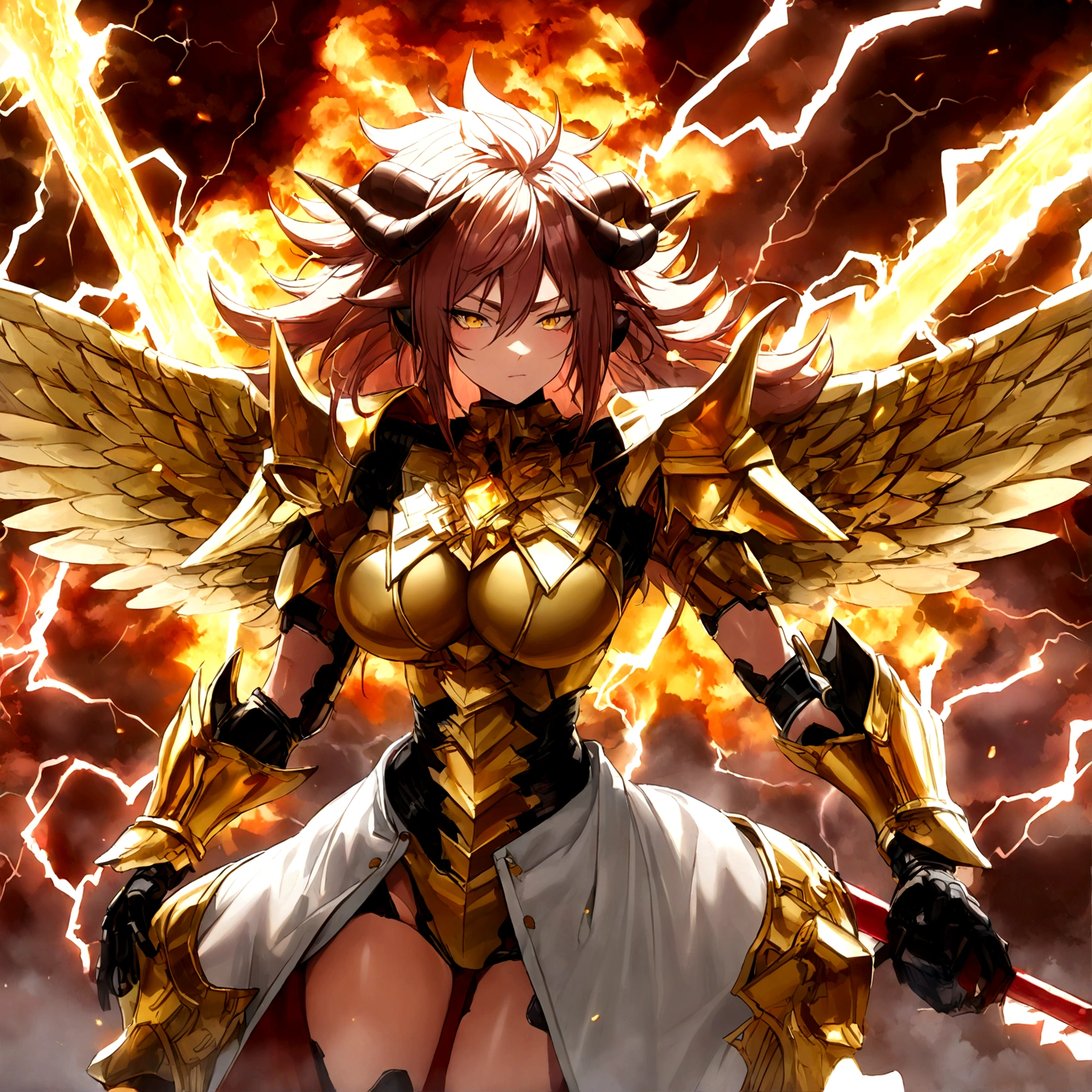 ((Lightning Power)), ((Electricity)), ((Fire Background)), (Lightning Storm), (((android 21))), (((white Coat))), (((Busty))), (((((Big breast:1,3)))), luxury bustier corset, ((silver hair)), (((Very slim waist))), propotional body, ((Gorgeous)), (((gold wings))), masterpiece, hyperdetail, ambient effect, digital effect, (((FIRE SWORD)), (((Lightning Sword))), (((Fire Gold Armor))), (((Lightning Gold Wings))), ((Fire Demon Horns))
