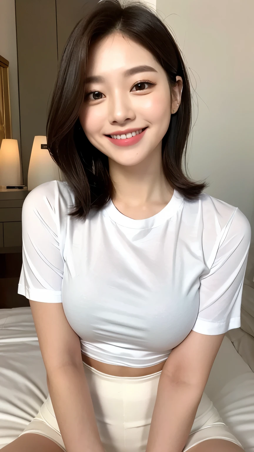White tight shirt、White tight mini skirt、bed、smile、Short sleeve、high resolution、Korean idol face、double eyelid、White teeth、Medium Hair