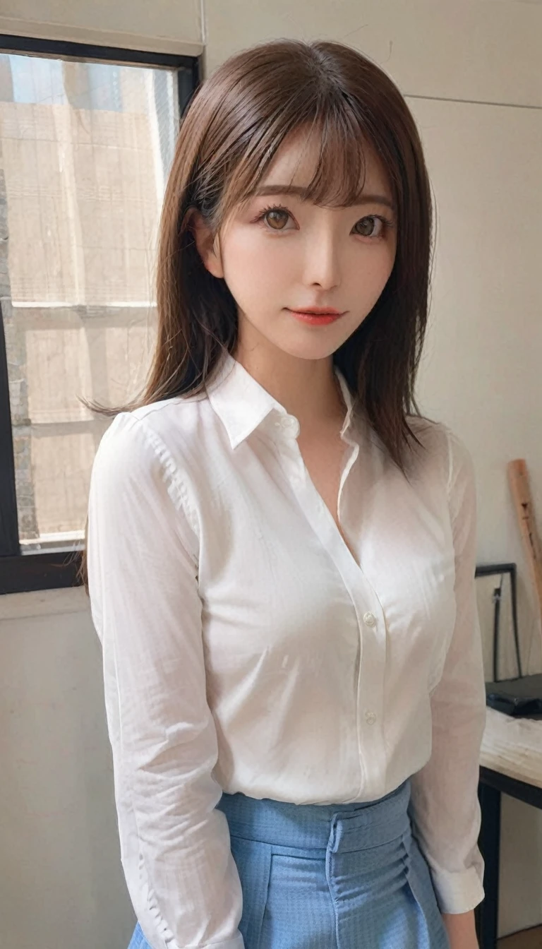 Arab asian woman in white shirt and blue jeans, hyperRealistic , Otaku, V-shaped clothing with an open neckline, Korean Girls, a hyperRealistic , Wear a shirt, Smooth white tight clothing suit, Realistic , Gorgeous Young Korean Woman, sakimichan, Trending on cgstation, Wear a shirt and tie, Interesting outfits