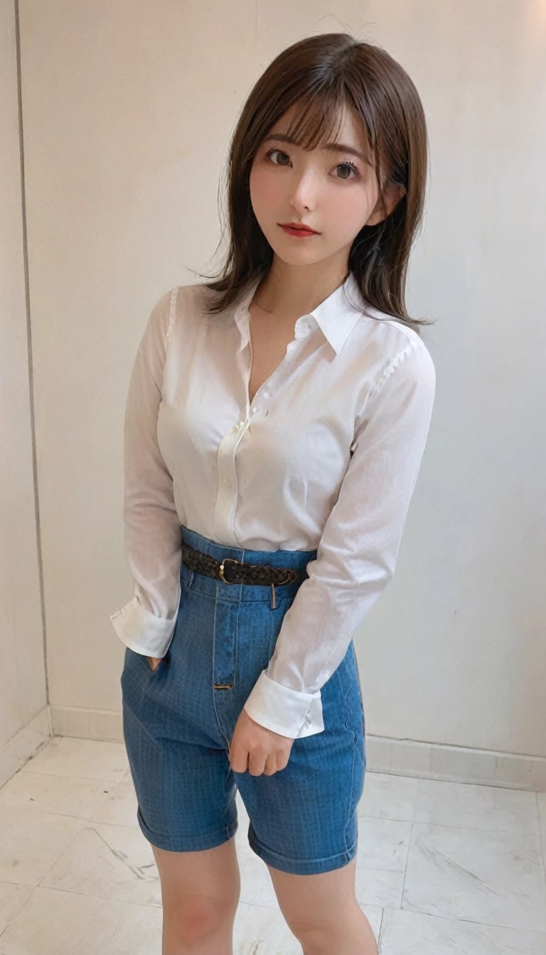 Arab asian woman in white shirt and blue jeans, hyperRealistic , Otaku, V-shaped clothing with an open neckline, Korean Girls, a hyperRealistic , Wear a shirt, Smooth white tight clothing suit, Realistic , Gorgeous Young Korean Woman, sakimichan, Trending on cgstation, Wear a shirt and tie, Interesting outfits