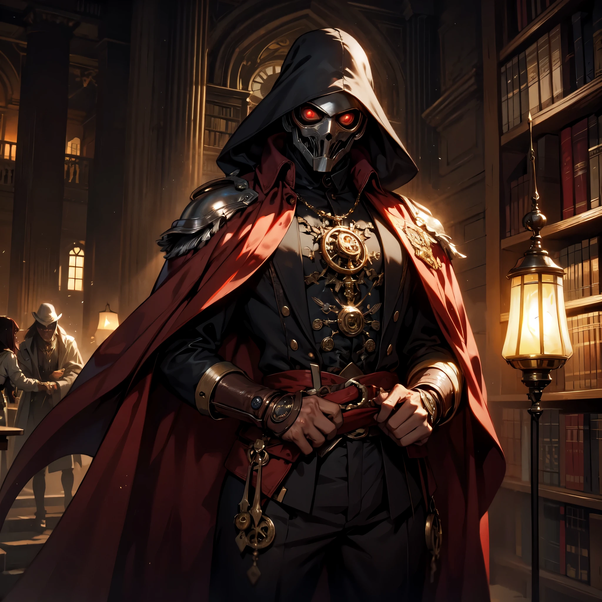 Tall Man, Plague doctor, Dark brown outfit,Red Cape, steampunk, Big panic, Red eyes,Red Hair, Old Library, Dark wood and silver flintlock pistol，He had a lit lantern hanging from his waist.