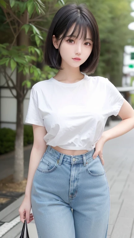 Are standing女の子、(Surreal), (High resolution), (8k), (Very detailed), (Beautiful fine details), (highest quality), (Ultra-detailed), (masterpiece), (Detailed face), (Beautiful smile)、(Beautiful Face)、((Natural Makeup))、(((Beautiful girl with cute Japan)))、 ((Japanese beautiful girl 21 years old))、 ((Baby Face))、Are standing、Realistic Skin、Hair blowing in the wind、Straight long hairstyle、Straight side-cut bangs、summer、Shopping mall、Outdoor、Very black hair、Shiny black hair、Glowing Skin、White shirt、No sleeve、Denim pants、Short sleeve、((Put your arms behind your hips))、((I can see from the knees up))、Looking up、Bend over and peer at me、Top view angle