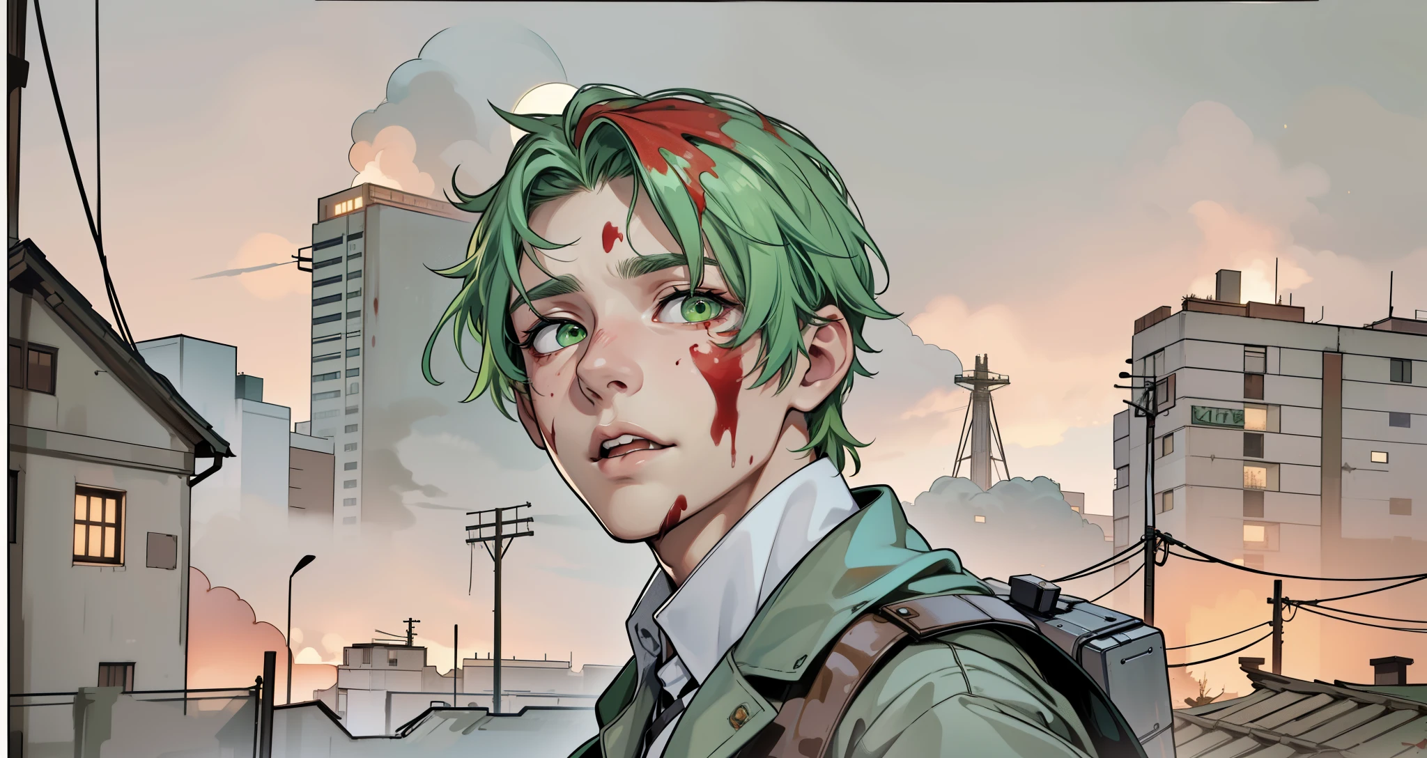 beautiful 15 year old man with green hair and green eyes he is thoughtful he is in shock he is confused and scared he has red blood on his face