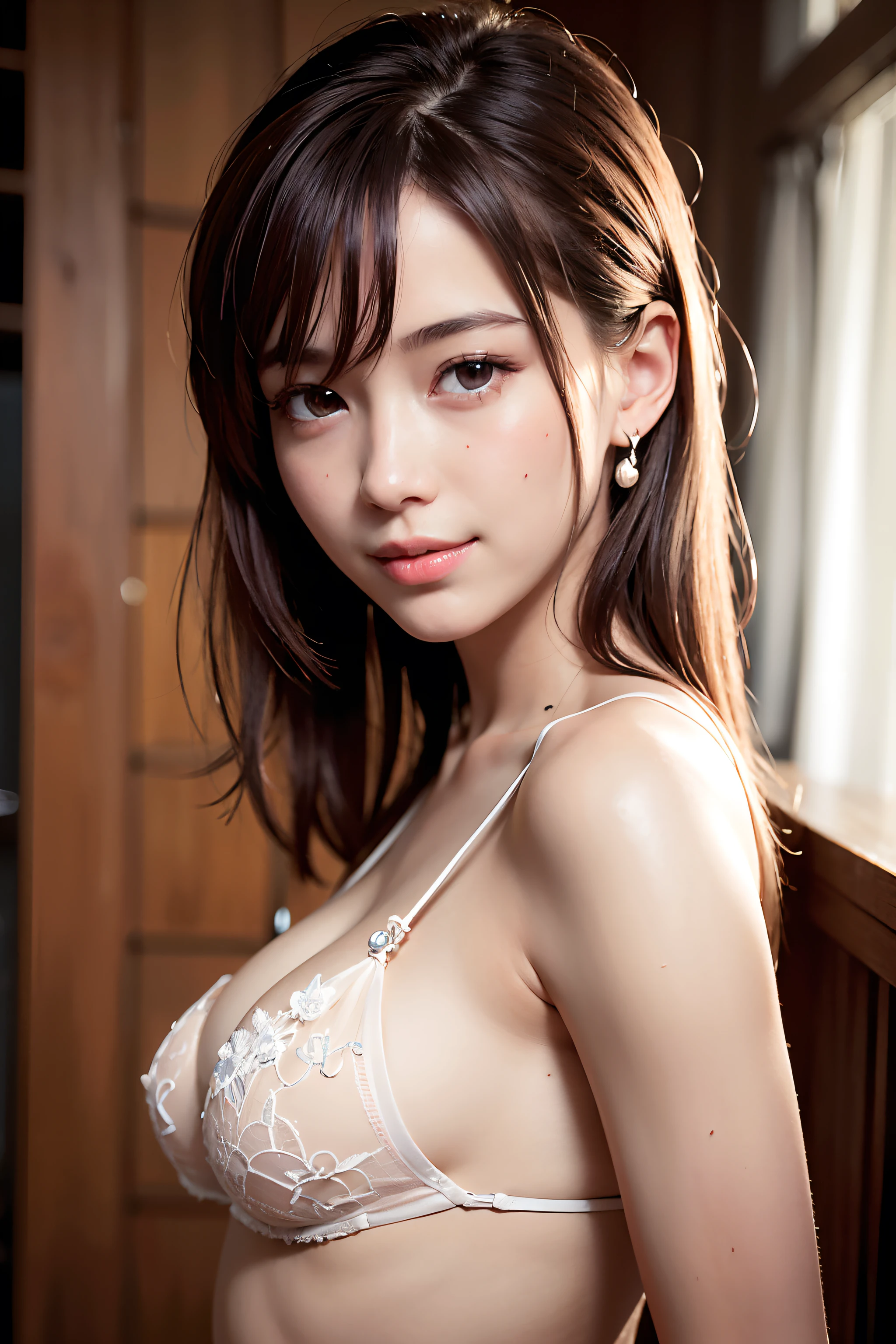 masterpiece, Super detailed, highest quality, Raw photo, (Realistic:1.1), Very detailed, One girl, beautiful, smile, Small breasts, Brown midi hair, (Brown eyes), Pale skin, from the front, Soft Light, Depth of written boundary ,