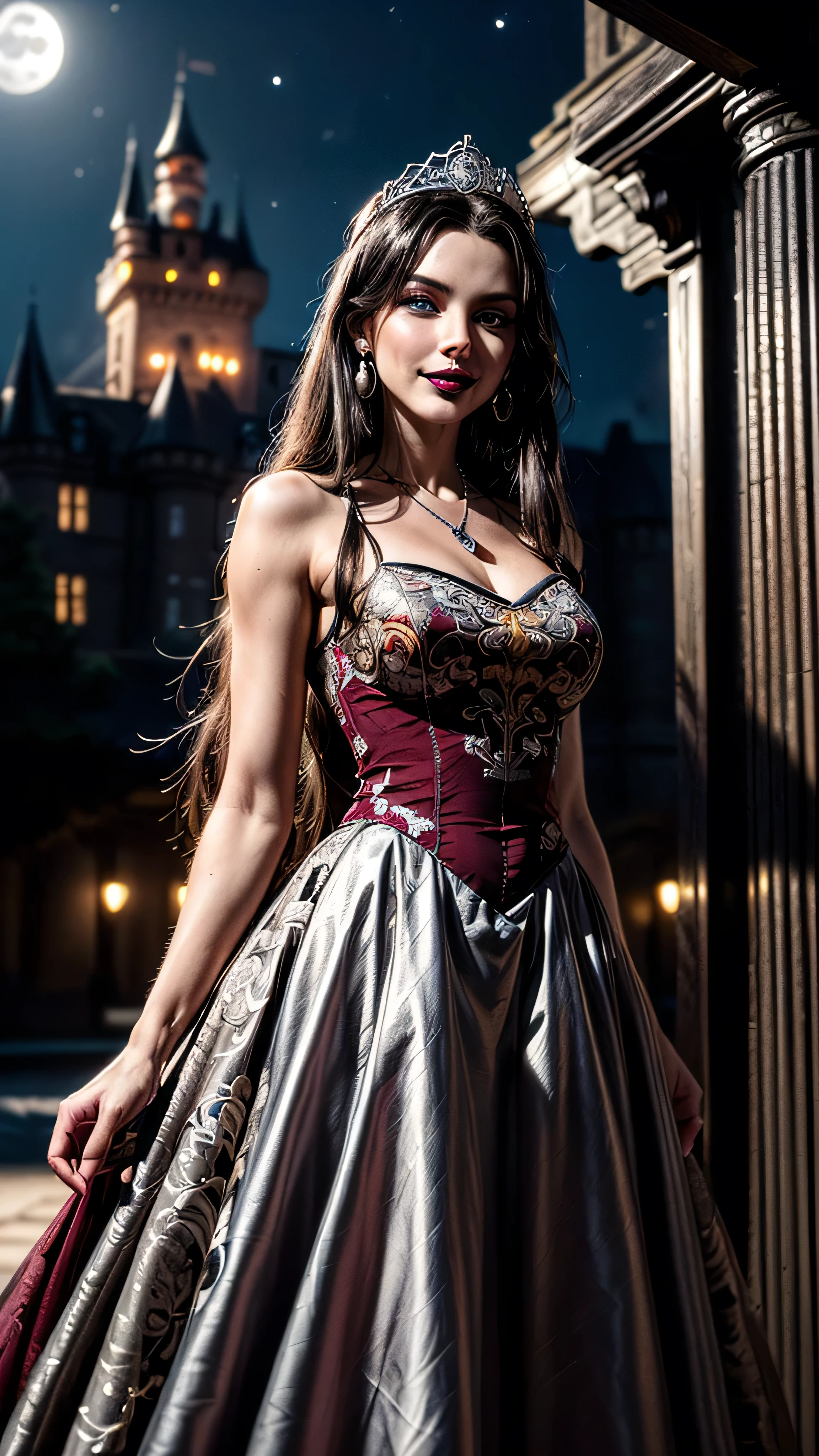 ((best quality: 1.5, intricate:1.3, masterpiece, photorealistic:1.4)), sharp focus, professional, real life, realistic representation of the face, ((detailed, athletic, suntan, ((((maroon) silver chinoiserie renaissance ball gown, portrait)), queen, black chrome tiara, onyx necklace, onyx earrings, humid ((supermodel))), makeup: 0.7, glowing iceblue eyes, long straight hair [bright ginger hair:black hair:0.4], smirking, smirk, shadows, black lips, outdoors, faraway castle, dark, night, moonlight)), professional lighting, photon mapping, radiosity, physically based rendering, ultra resolution, hyper-realistic, hyper-realistic, 8K
