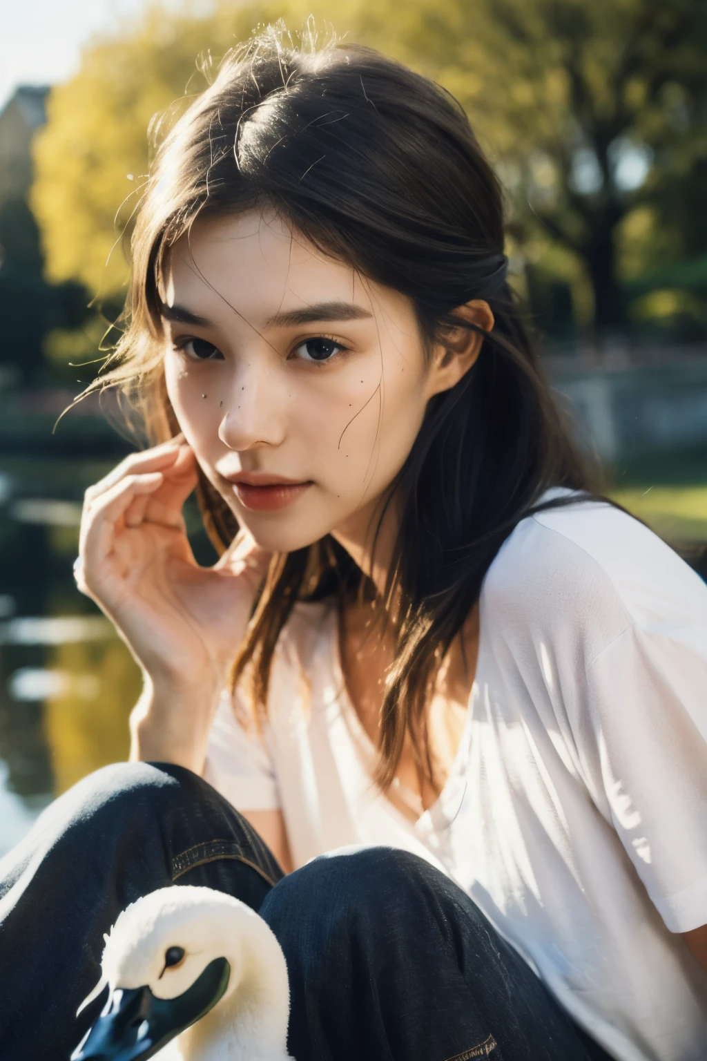 1 woman, she's (sitting outside next to pond with swans, she's looking at camera), (elegantly detailed swans:1.3) , she is a gorgeous,,(exterior lovely pond park with ducks and swans:1.3)), stunning natural lighting on every element,), (she's listening to music), realistic photo, (47% of photo is black in drawing:1.4), she's has (eye contact:0.3) skill , (she wears a tshirt with minotaur graphic print , black jeans,), (clouds:0.9) beautiful face, slight smile, intense presence, masterpiece, obsessively detailed details, cozy relaxed, teasing us, catching us, beautiful hands, kind eyes, gorgeous, incredible details, ((high contrast)), (deep, darkest shadows), (shadow details:1.0), ((taken using Leica camera, aperture: f/2.3)) , hyper-realistic skin, pores, scar, mole, (she has blonde hair pulled away from face, tidy updo,), (stunning smokey eye makeup), natural resting, perfect hands, relaxed moment, she's in dark with natural light glow, (romantic light:1.2), radiant skin, perfectly framed face, perfect relaxed hands, perfect fingers, (perfect portrait, incredible eyes:1.1), a work of art,sexy beautiful composition, golden ratio, inspiring, (highest quality fabric texture), every detail,Fine facial features – (Highest Quality) ,Leica camera film, High quality ○○ detailed – ○○ details ultra detailed(Ultra-fine ), Photorealistic, Extremely detailed(Extremely detailed) , (highest detail image, lens flare, realistic)○○ res – ○○ resolution ultra high res(A high resolution),playful relaxed photos