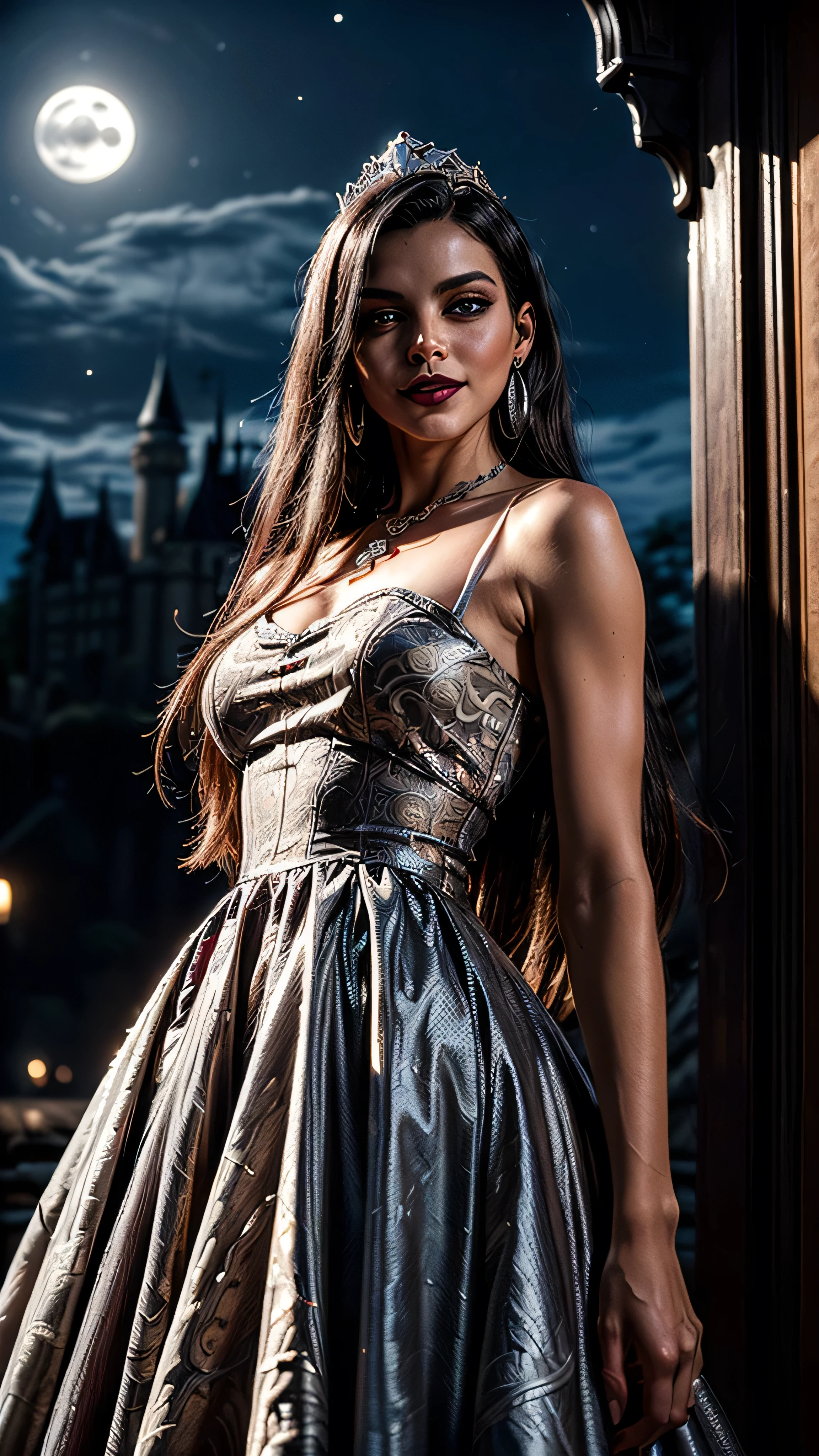 ((best quality: 1.5, intricate:1.3, masterpiece, photorealistic:1.4)), sharp focus, professional, real life, realistic representation of the face, ((detailed, athletic, suntan, ((((maroon) silver chinoiserie renaissance ball gown, portrait)), queen, black chrome tiara, onyx necklace, onyx earrings, humid ((supermodel))), makeup: 0.7, glowing iceblue eyes, long straight hair [bright ginger hair:black hair:0.4], smirking, smirk, shadows, black lips, outdoors, faraway castle, dark, night, moonlight)), professional lighting, photon mapping, radiosity, physically based rendering, ultra resolution, hyper-realistic, hyper-realistic, 8K
