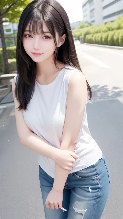 Are standing女の子、(Surreal), (High resolution), (8k), (Very detailed), (Beautiful fine details), (highest quality), (Ultra-detailed), (masterpiece), (Detailed face), (美しいsmile)、(Beautiful Face)、((Natural Makeup))、(((Beautiful girl with cute Japan)))、  ((Japanese beautiful girl 21 years old))、 ((Baby Face))、Are standing、Realistic Skin、Hair blowing in the wind、Straight long hairstyle、Straight side-cut bangs、summer、Shopping mall、Outdoor、Very black hair、Shiny black hair、Glowing Skin、White shirt、No sleeve、Denim pants、Short sleeve、((Put your arms behind your hips))、((I can see from the knees up))、Looking up、Bend over and peer at me、Top view angle、smile、smile