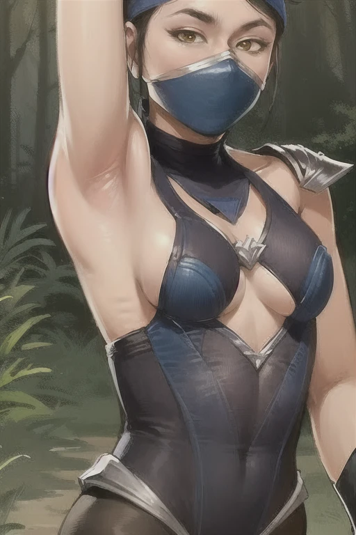 masterpiece, best quality, 1girl, kitana, mouth unmask, black hair, hair bun,large ass,armpits shinning, yellow eyes, dark skin, shoulder armor, closeup, sketch, solo, forest background mouth open,tongue out,tongue spit,tongue saliva,mouth full spit