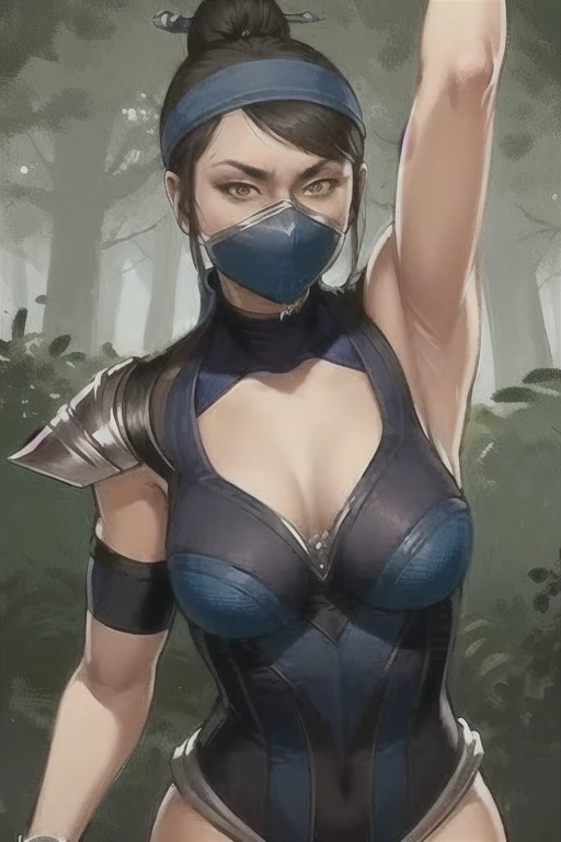 masterpiece, best quality, 1girl, kitana, mouth unmask, black hair, hair bun,large ass,armpits shinning, yellow eyes, dark skin, shoulder armor, closeup, sketch, solo, forest background mouth open,tongue out,tongue spit,tongue saliva,mouth full spit