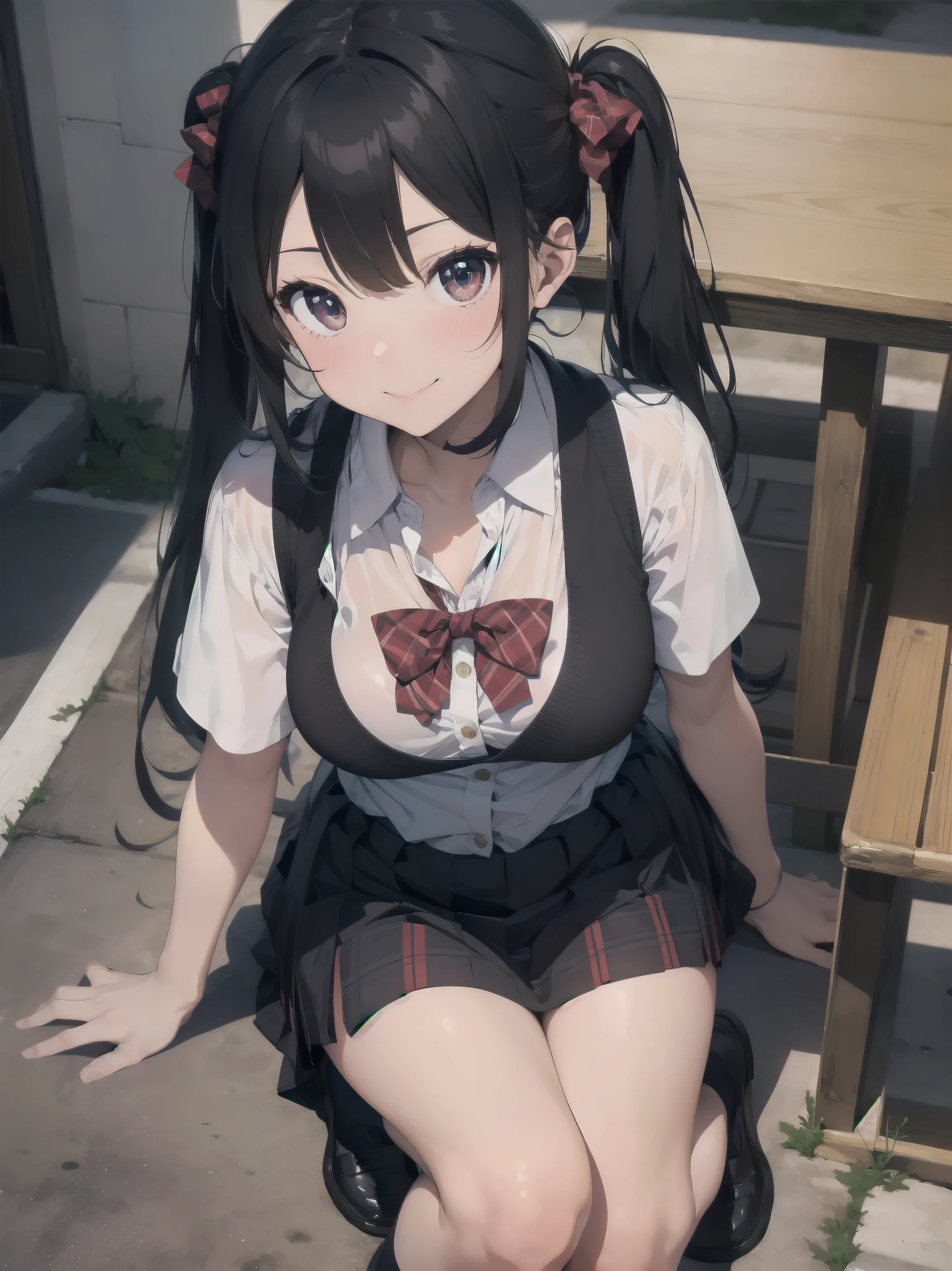 very beautiful Japanese woman, 18 years old, 1girl, Japanese school uniform, (wet white panty), red bowtie, sitting on a bench, plaid skirt, pleated skirt, opening legs, black short hair, whole body, very embarrassing panic face, detailed, masterpiece, top quality illustration, high resolution, (lots of milk is dripping from the crotch:1.5), outdoor, mouth open,