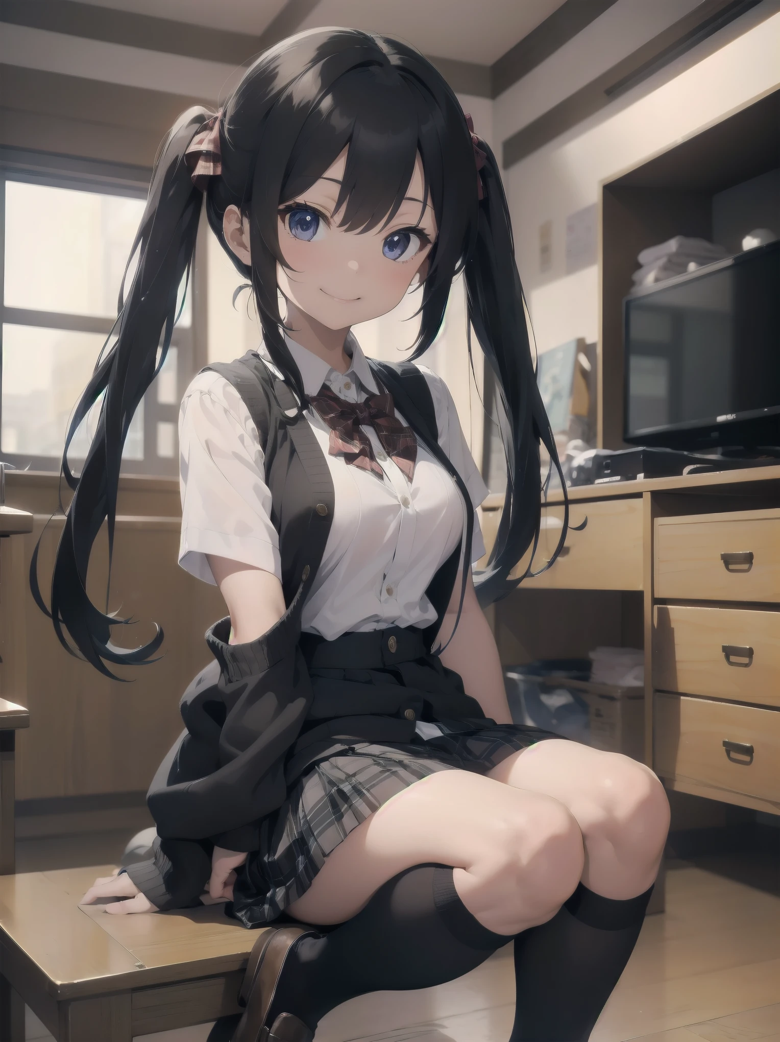best quality, tmasterpiece, brunette color hair, blueneyes, head looking up, Upper body girl,with a good figure,Sit,head looking up,shift dresses,dual horsetail,onbed,,liquids,Little devil,spread their legs