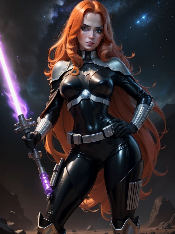(best quality,8k:1.2,high resolution:1.2), (best quality:1.3), masterpiece, best quality, 8k, artstation, sharp focus, ultra realistic, high details,masterpiece, best quality, high res, detailed, (Detailed face:1.2), (Detailed eyes:1.2), (Perfect figure:1.2),ultra-detailed, volumetric lighting, depth of field, cinematic lighting, vintage science fiction, Star Wars based setting, extremely detailed face, long eyelashes, a upper body shot of a woman (Mara Jade), long orange hair, bright green eyes, a determined look, smirking and stoic gaze. She's wearing a tight shiny black leather suit, tan cape, gloves, silver utility belt and high-heel boots. She's holding a purple lightsaber. Background: Outer Space, cosmic clouds, Chain of fractal nebulae, cosmic, Celestial, cosmic, A vibrant and vivid entity, whirly, Spinning, unreal, High contrast, Symbolism, magical, mistic, mistic, Hyper-realistic, Supersaturation, Colorful.
