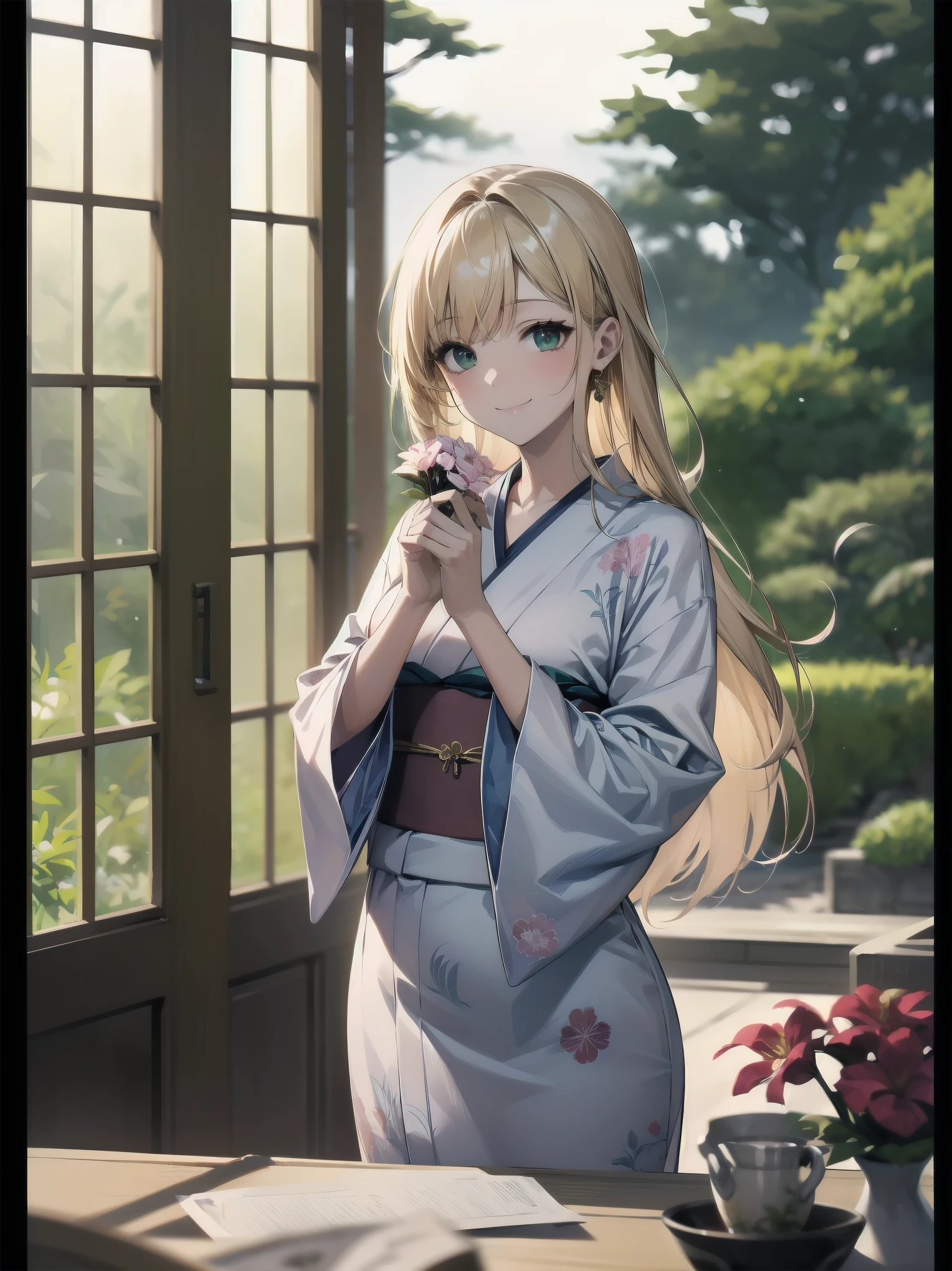 Subject: pretty beautiful girl
Subtitle: {Long, straight blonde hair}{Japanese-style yukata}{Posing picking flowers}{Japanese garden}{Smiling demurely}{Mirrorless camera, f/1.8, 1/400 sec, ISO 800, soft focus effect}

A beautiful girl with long, straight blonde hair stands in a quiet Japanese garden. She is wearing a beautiful Japanese yukata and is elegantly picking flowers. Her modest smile enhances her elegance and makes for a memorable scene. In the background is a lush green Japanese garden, which gives the scene a traditional beauty. The photo was taken with a mirrorless camera at f/1.8 aperture, shutter speed 1/400 sec, ISO 800, and the soft-focus effect adds to the soft, magical atmosphere.