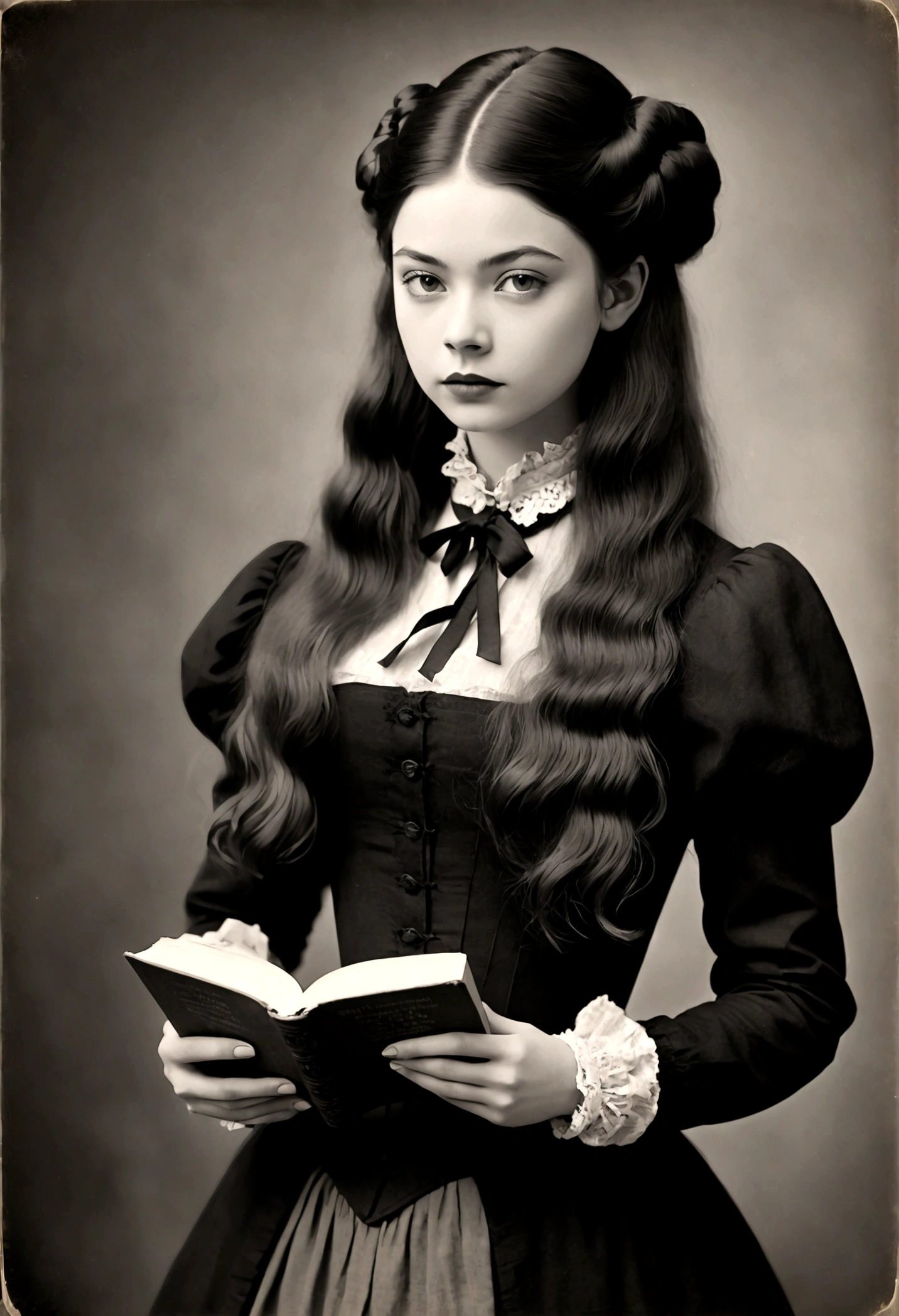 a black and white photo of a woman with long hair, vintage photo from 1890, photobashing, she is holding a book, early 90s cg, portrait sophie mudd, eerie color, miranda cosgrove, wearing 1890s era clothes, young sexy elegant woman, fierce, black tendrils, infp girl