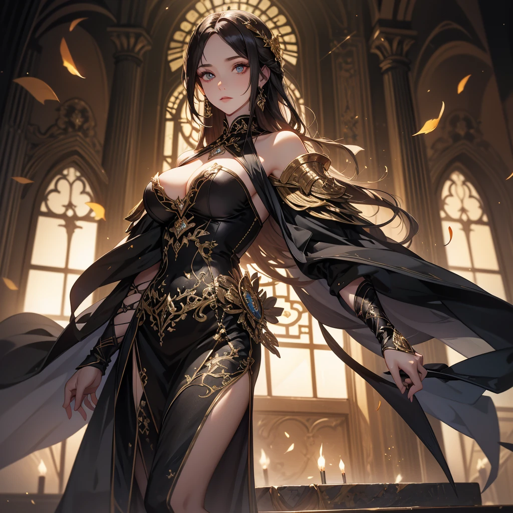 A breathtaking artwork of a female character of unimaginable beauty, set in a dark and opulent environment. The full-body view reveals an impressive figure, exuding an aura of power and mystery. She wears black and gold clothes, radiating a luxurious darkness. Her armor is detailed and characteristic, with intricate golden designs that shimmer in the dim light. Ornate shoulder pads protect her shoulders, and the armor perfectly molds to her body, accentuating her formidable presence. Her long black hair flows like a river of darkness, contrasting with her mesmerizing scarlet eyes. Her beauty is almost supernatural, a perfect blend of grace and menace. She wields a cursed blade that seems to pulse with malevolent energy, enhancing her aura of danger. The setting around her is a gothic and luxurious environment, with dark arches and stained glass windows that filter a supernatural light. In the background, candles flicker, casting dancing shadows on the intricately carved stone walls. It is a place that blends elegance and terror, perfectly reflecting the essence of the character.