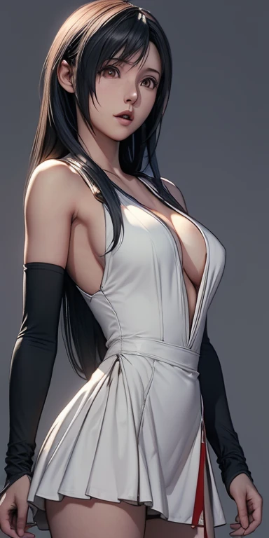 One girl,Tifa Lockhart,Cowboy shot,white one piece dress ,Simple Background、Gray background、Cinematic lighting、