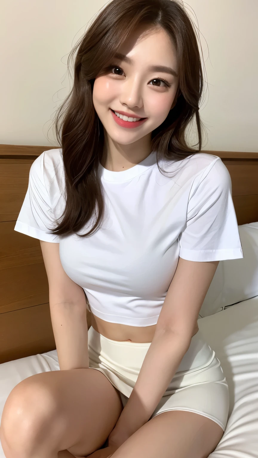 White tight shirt、White tight mini skirt、bed、smile、Short sleeve、high resolution、Korean idol face、double eyelid、White teeth、Medium Hair