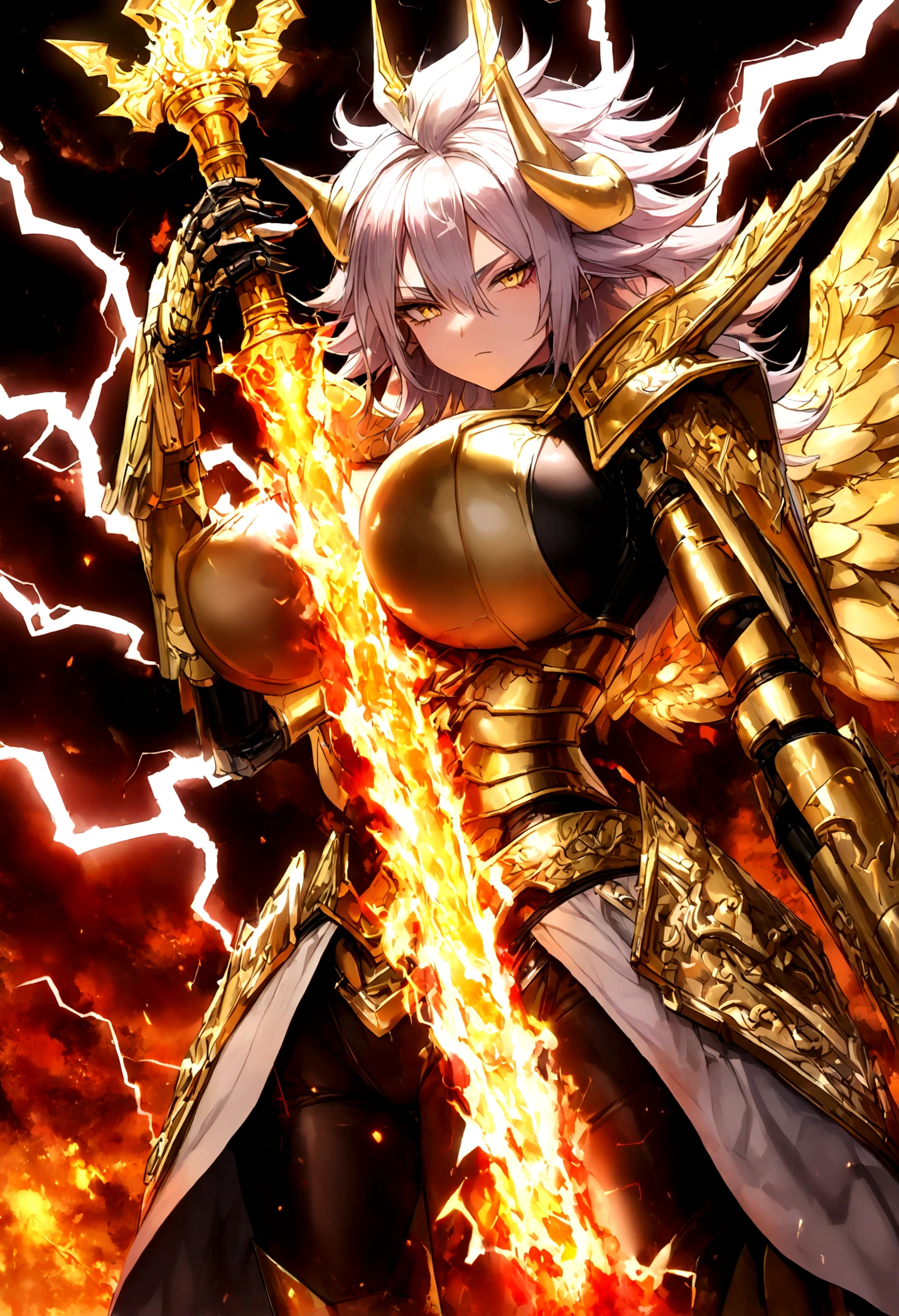 ((Lightning Power)), ((Electricity)), ((Fire Background)), ((Lightning Storm)), ((Power Erupting)),((((android 21)))), (((white Coat))), (((Busty))), (((((Big breast:1,3)))), luxury bustier corset, ((silver hair)), (((Very slim waist))), propotional body, ((Gorgeous)), (((gold wings))), masterpiece, hyperdetail, ambient effect, digital effect, (((FIRE SWORD)), (((Lightning Sword))), (((Fire Gold Armor))), (((Lightning Gold Wings))), (((Fire Demon Horns))), (((Lightning Demon Horns)))