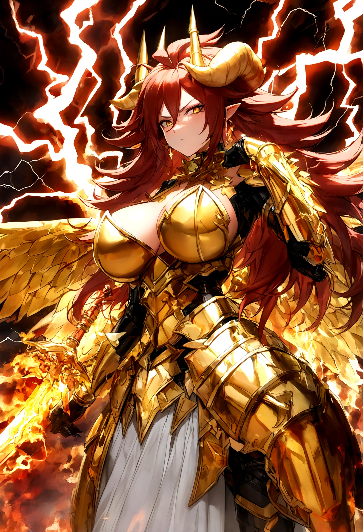 ((Lightning Power)), ((Electricity)), ((Fire Background)), ((Lightning Storm)), ((Power Erupting)),((((android 21)))), (((white Coat))), (((Busty))), (((((Big breast:1,3)))), luxury bustier corset, ((silver hair)), (((Very slim waist))), propotional body, ((Gorgeous)), (((gold wings))), masterpiece, hyperdetail, ambient effect, digital effect, (((FIRE SWORD)), (((Lightning Sword))), (((Fire Gold Armor))), (((Lightning Gold Wings))), (((Fire Demon Horns))), (((Lightning Demon Horns)))