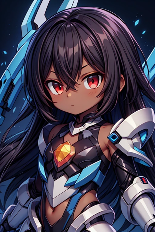 (((dark skin tone))),dark skin male, femboy, dark skin, cute shota,red eyes, blue mecha hairpin accessory, dark brown hair medium hair,wearing a black exoskeleton, detached sleeves, blue mecha Gauntlets, black full bodysuit, honkai impact herrscher of reason,full armour mecha_musame,battlesuit, orange gem on the chest, close up