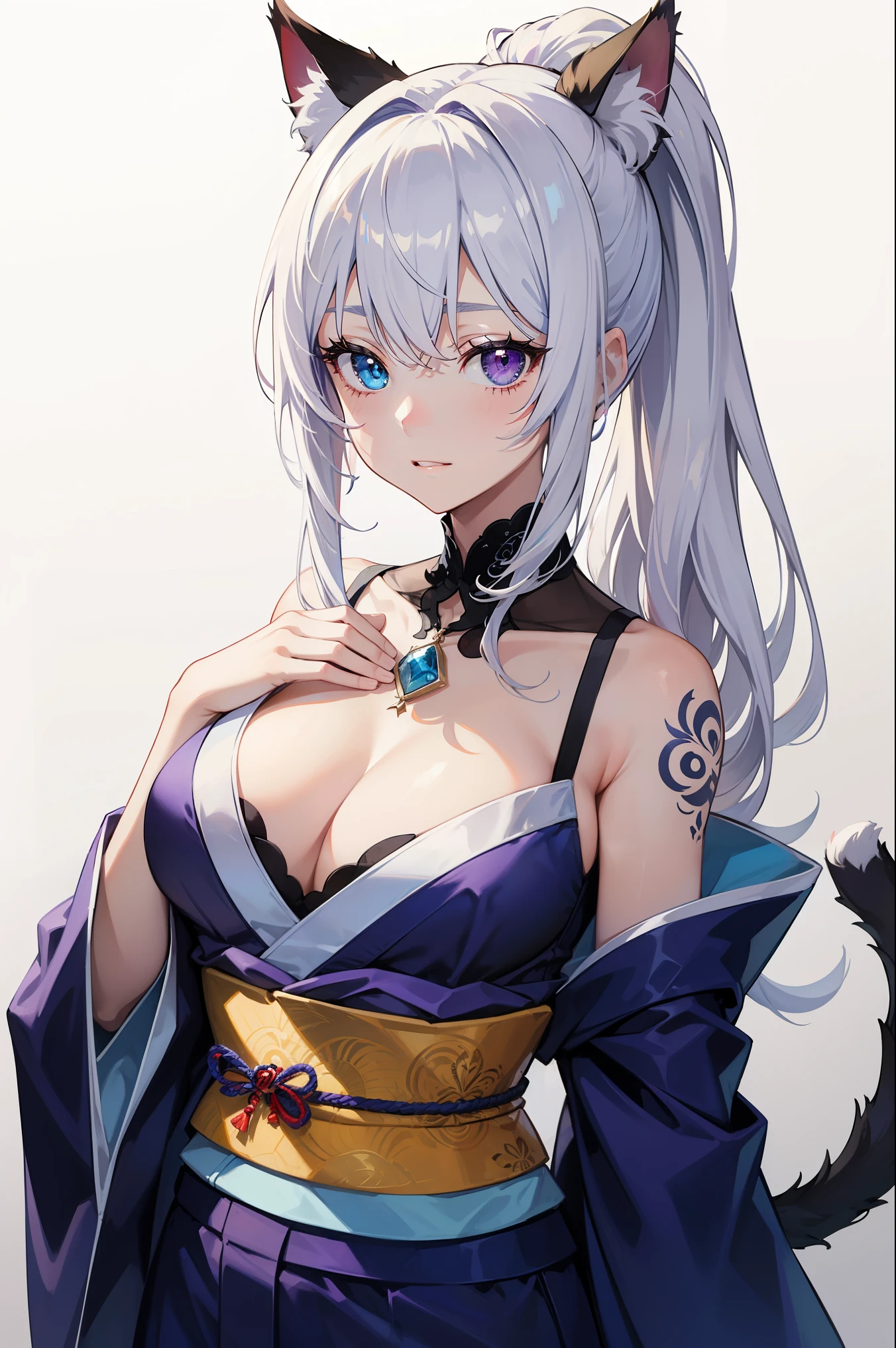 young girl, white colored hair, Cat's ears, high ponytail, Heterochromia, blue and purple eyes, Blue kimono, tattoo, Sleeveless, Deep neckline on the chest, open breasts, open shoulders, Masterpiece, hiquality, high detail, HD, 4k