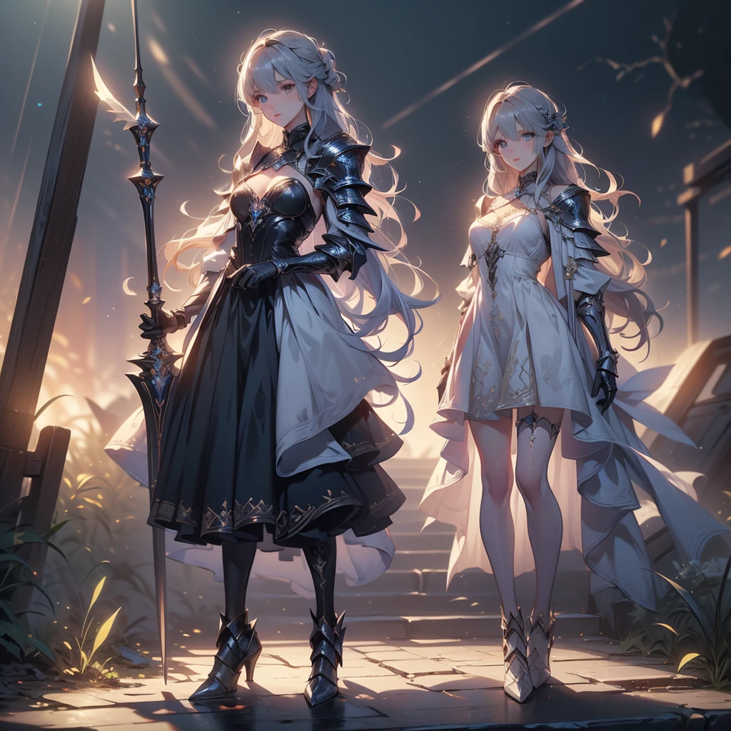 (((masterpiece, best quality, high detailed, 8k))) Design a layout showcase Gaming character, (1girl). Silver|Blue clothes, stylish and unique. ((showcase weapon:1.4)), lightning rod. (masterpiece:1.2), (best quality), 4k, ultra-detailed. (Step by step design, layout art:1.5), (luminous lighting, atmospheric lighting). storm mage, ((glove full hands)), (((revealing clothes:1.3))), vambraces, armored legwear, (((full_body_shot:1.4))). {During a thunderstorm}.