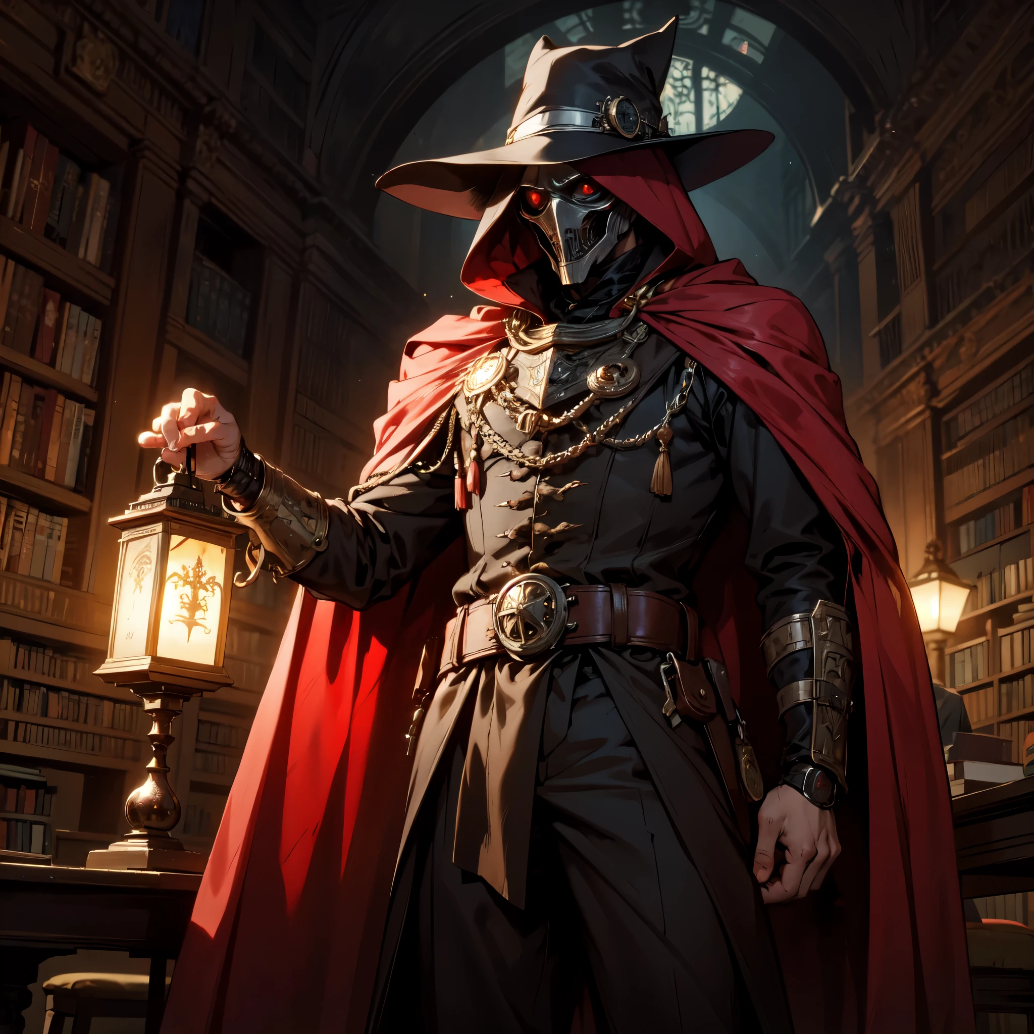 Tall Man, Plague doctor, Dark brown outfit,Red Cape, steampunk, Big panic, Red eyes,Red Hair, Old Library, Dark wood and silver flintlock pistol,He had a lit lantern hanging from his waist.