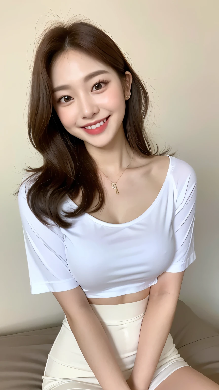 White tight shirt、White tight mini skirt、bed、smile、Short sleeve、high resolution、Korean idol face、double eyelid、White teeth、Medium Hair