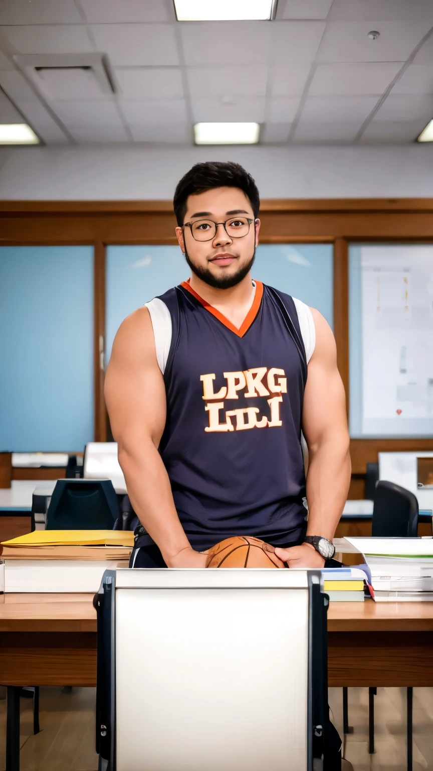 You&#39;re wearing an orange and white No. 14 basketball jersey，Sitting on the desk in the classroom wearing black socks and a pair of orange and white AJ1，A smile full of pampering on his face