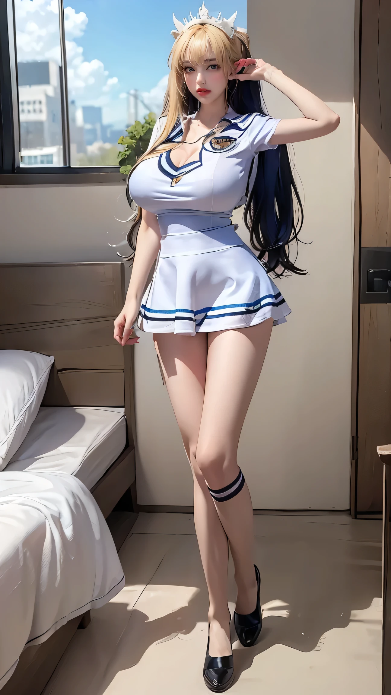 Best quality, masterpiece, ultra high res, raw photo, beautiful and aesthetic,deep shadow, dark theme,(ultra detailed:1.3),
1girl, dynamic pose, Headdress, (beautiful face, detailed eye:1.2), embarrassed, (busty breasts, gigantic breasts:1.1), drill hair, long hair, blonde hair, gradient hair, yellow eyes, solo, big hair, blue hair, divine goddess, looking at viewer, indoors, modern bedroom, astraea, full body, twintails,012uniform,white skirt,navel,white thighhighs
