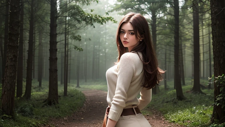Of the highest quality,8k, super hermosa:1.2, linda chica occidental:1.8、impecable, beige sweater 、pantalones、(pechos normales , cuerpo hermoso Belleza delicada. Extremidades precisas, hermosos muslos, cuerpo porposionado, frialdad, arte perfecto、gorgeous brown long hair 、bosque en la oscuridad de la noche、 atmosphere, la neblina se fusiona con la naturaleza. En lo profundo de un bosque mistico y tenebroso. professional photography、artistic. Lleno de arboles 、mujer con miedo , aterrada. Reloj supendido en el aire marcando las doces