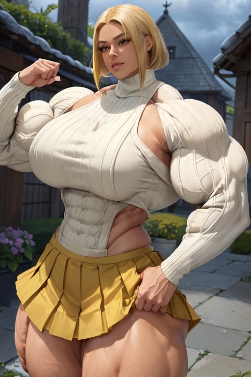 (((((Massive tall, beautiful, buff, light brown skinned muscular woman with yellow hair, ginormous bulky muscles and wearing a beautiful white long-sleeved turtleneck sweater with white pleated skirt))))), (close view), (massive muscles), angled bob cut, ((chained belt)), gray eyes, choker, ((beautiful turtleneck sweater)), (beautiful pleated skirt), belt, white boots, (in the Cloudy beautiful village), closed smile, night, ginormous muscles