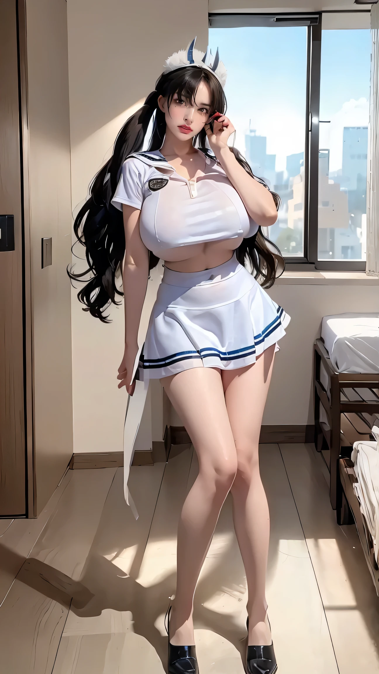 Best quality, masterpiece, ultra high res, raw photo, beautiful and aesthetic,deep shadow, dark theme,(ultra detailed:1.3),
1girl, sexy pose, Headdress, (beautiful face, detailed eye:1.2), embarrassed, (busty breasts, gigantic breasts:1.1), drill hair, long hair, blonde hair, gradient hair, yellow eyes, solo, big hair, blue hair, divine goddess, looking at viewer, indoors, modern bedroom, astraea, full body, twintails,012uniform,white skirt,navel,white thighhighs