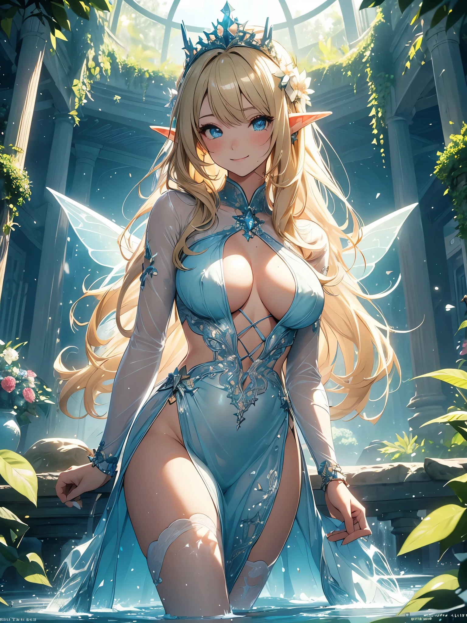 最high quality、1 woman elf 、Bathing、waterfall、CourtyardShining fairy wings、NP: Worst quality ,Flower fractal art Wet、Being in the water、see-throughbodystocking,Beautiful side shot, radiance,High-definition depiction, Realistic, 8k, Unity, Wide Shot, light smile, Beautifully and vividly drawn, , Beautiful, beautiful, clear skin、sexy see-through bodystocking,Countless rays of light pouring down, Swirling Light, big background, Raise one arm above your head, Intense light is emitted from the magic circle in front of the girl. forest、Lots of leaves、Green leaves、flower、Particles of light、Cosmic Romanticism,Cowboy Shot: The most beautiful form of chaos, Mr..々color, Intertwined flowers, Particle,magical gentle light,smile,sexy,image quality、masterpiece、Beautiful Face、Super beautiful elf woman((Big breasted 22 year old office lady、Nipples、Bust 100,Beautiful long ironed hair 、Blonde hair,height: 165cm。、sexy、Esbian、、high quality、、background((Star Narski)))、Starry Sky、Visual art、Written boundary depth、、Elf Ears、、universe、Happy smile、Gentle light、Elf forest、elegant、ticker beautiful decorative、、magic、forest、Beautiful tiara、Beautiful bed、Beautiful Landscape、A kind smile、wonderful、Fluttering petals、Dance happily、、Cultivate fantasy、、Mystery light Lots of flowers、、art、forest, palace, art,mystery,Ultra-high resolution,atmosphere