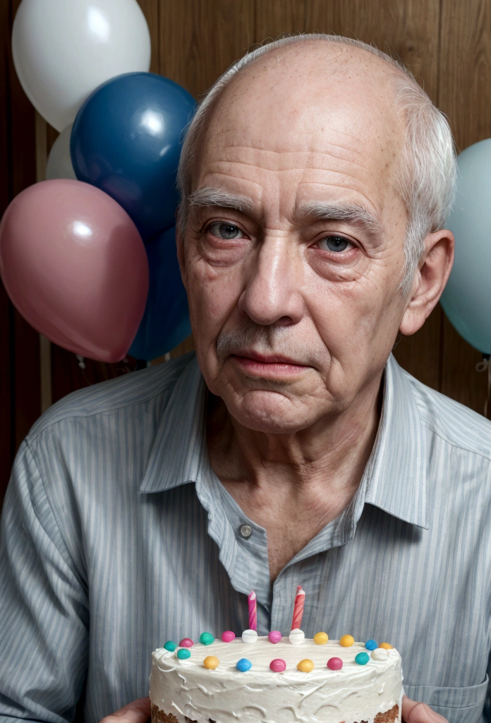Create a realistic, high-resolution, high-quality drawing of a 90-year-old man
Bald white hair, no glasses on his face, brown eyes, blue striped shirt, table with birthday cake, colorful balloons and birthday decoration